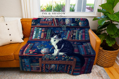 Witchy Library Cat Lover Blanket | Dark Academia Whimsical Cat Bookshelf Gift for Reading Corner Tapestry Mystic Aesthetic Moody Bedroom Art