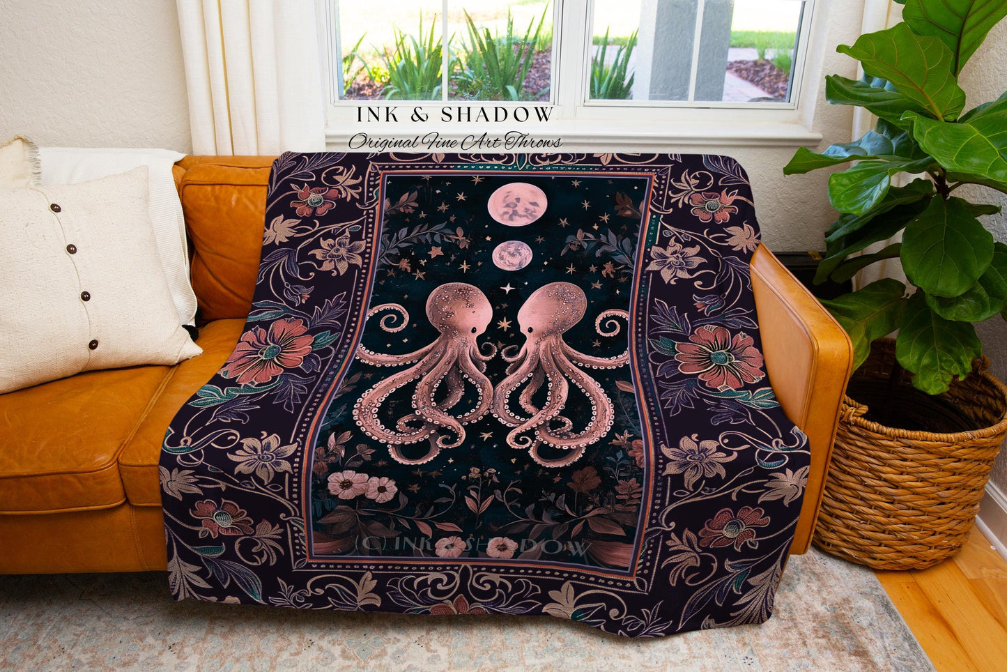 Lunar Magic Whimsical Octopus Tapestry | Midnight Purple Dark Academia Nautical Celestial Goblincore Oceanic Mystery Victorian Throw Blanket