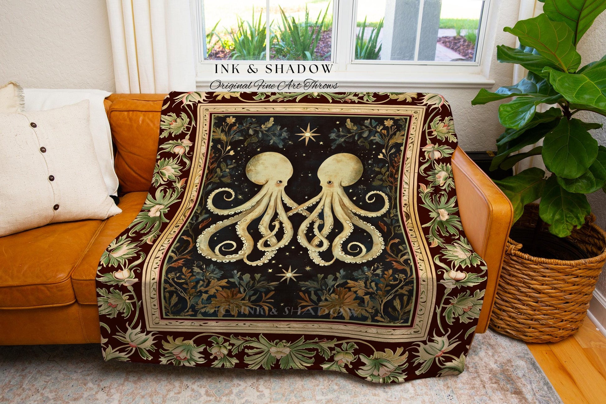 Witchy Whimsigothic Octopus Throw Blanket | Ethereal Sea Life Woven Tapestry Victorian Gothic Ocean Aesthetic Beach House Throw Costal |