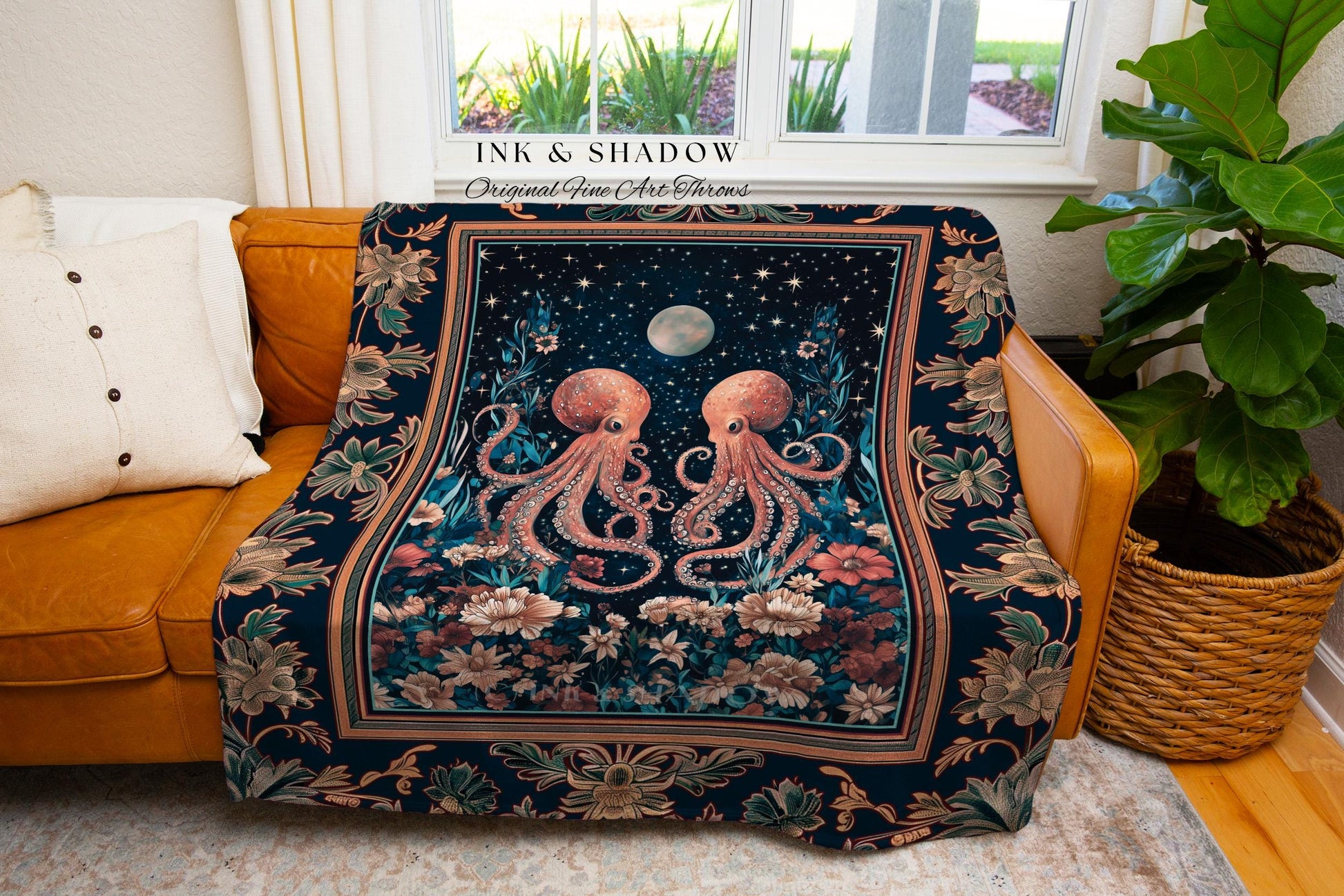 Ethereal Oddities Octopus Tapestry | Moonlit Nautical Woven Blanket Celestial Sea Life Cute Ocean Aesthetic Beach House Throw Whimsigothic |