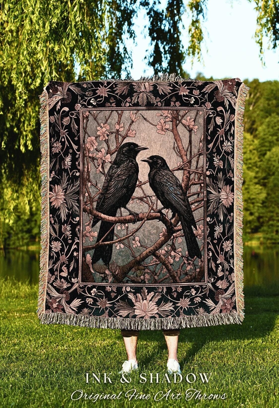 Boho Fairycore Decor Raven Aesthetic Cottagecore Room Decor Crow Gothic Blanket Tapestry Woven Black Raven Art Decor Whimsigoth Room Decor