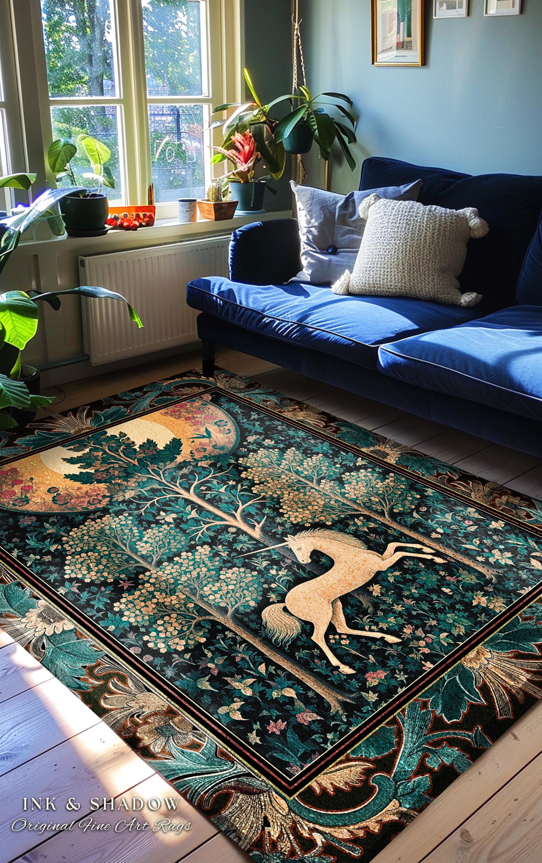 Moonlit Forest Mystical Unicorn Runner Rug Medieval Fairycore Decor | Renaissance Whimsical Gothic Aesthetic Baroque Forestcore Home Accent