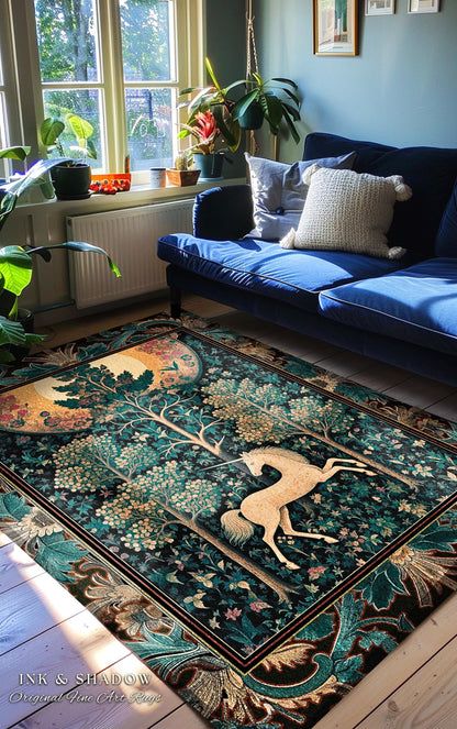 Moonlit Forest Mystical Unicorn Runner Rug Medieval Fairycore Decor | Renaissance Whimsical Gothic Aesthetic Baroque Forestcore Home Accent