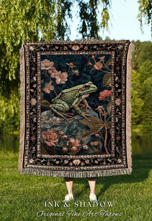 Cozy Frog Blanket Woodland Gothic | Dark Botanical Ethereal Room Decor Forest Aesthetic Fairy Grunge Goblincore Blanket Cottagecore Tapestry