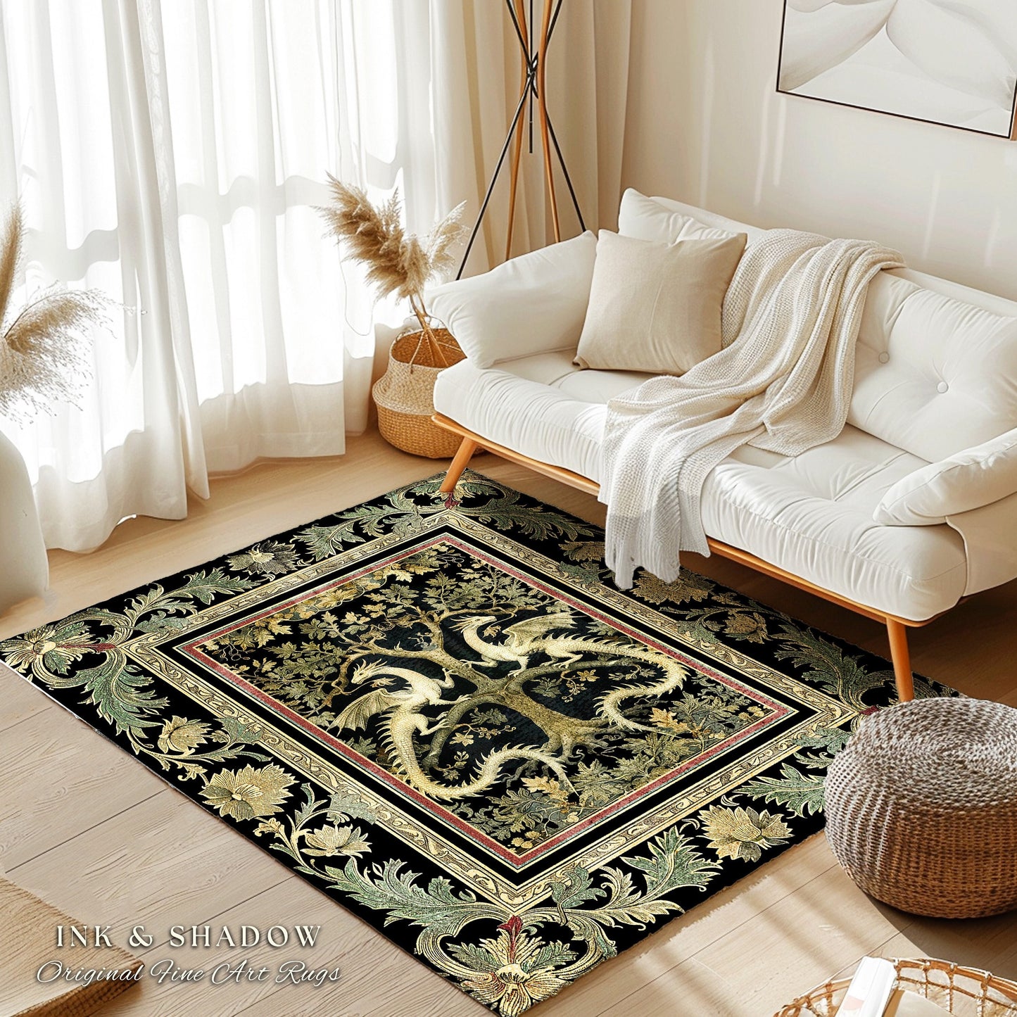 Mythical Dragon Light Academia Tree of Life Rug Enchanted Woodland Cottagecore Botanical Grunge Fairycore Fantasy Forestcore Baroque Decor