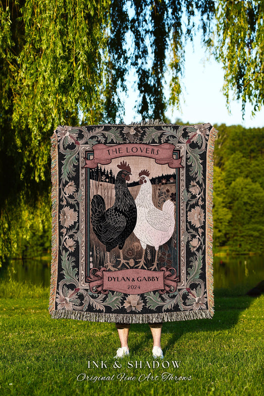 Rooster and Hen Personalized Couple Blanket | Rustic Farmhouse Tapestry Wedding Western Aesthetic Mr and Mrs Custom Woven Anniversary Gift |