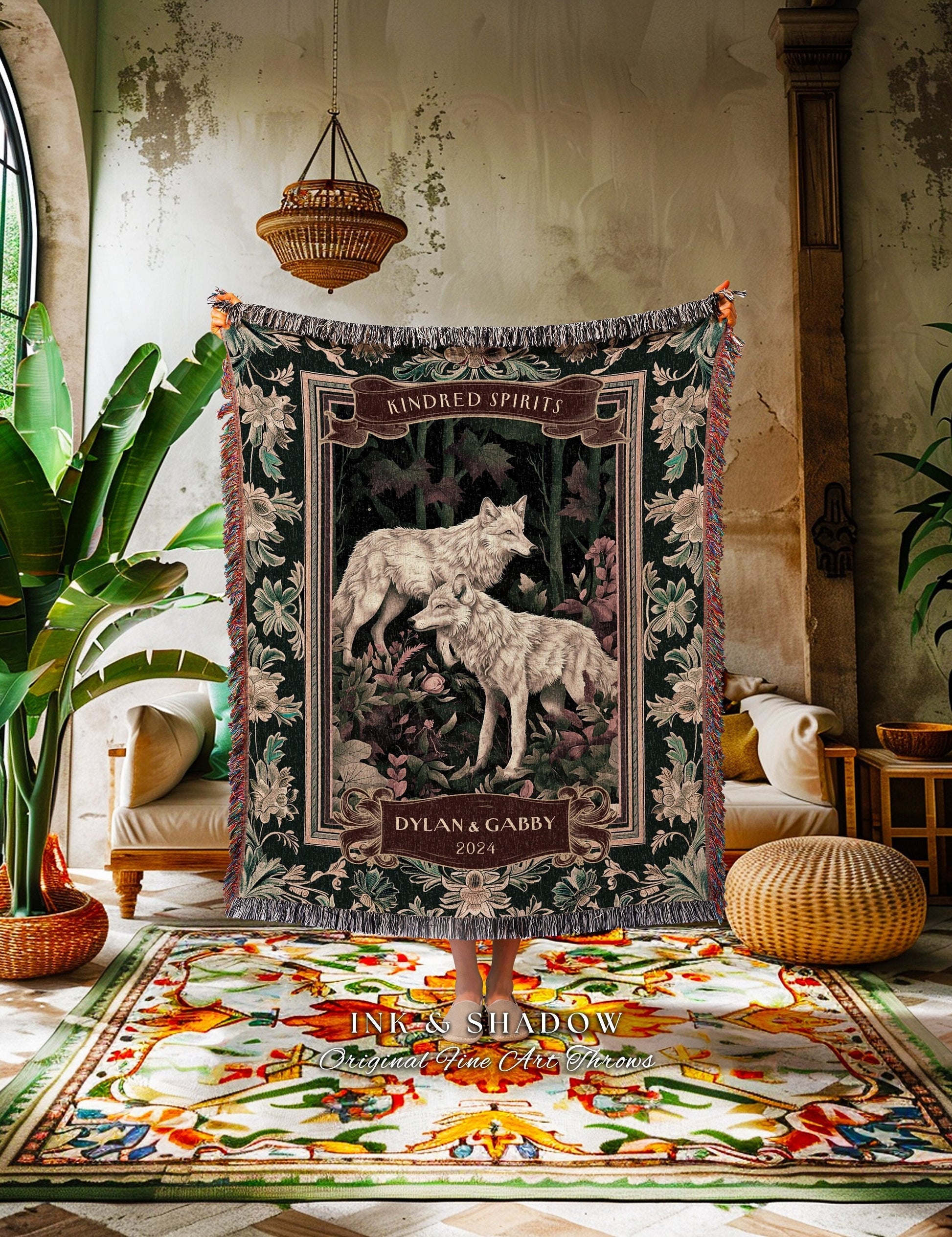 Playful Wolves Custom Couple Woven Tapestry | Woodland Gothic Wolf Lover Custom Tapestry Blanket Dark Academia Aesthetic Anniversary Cute |