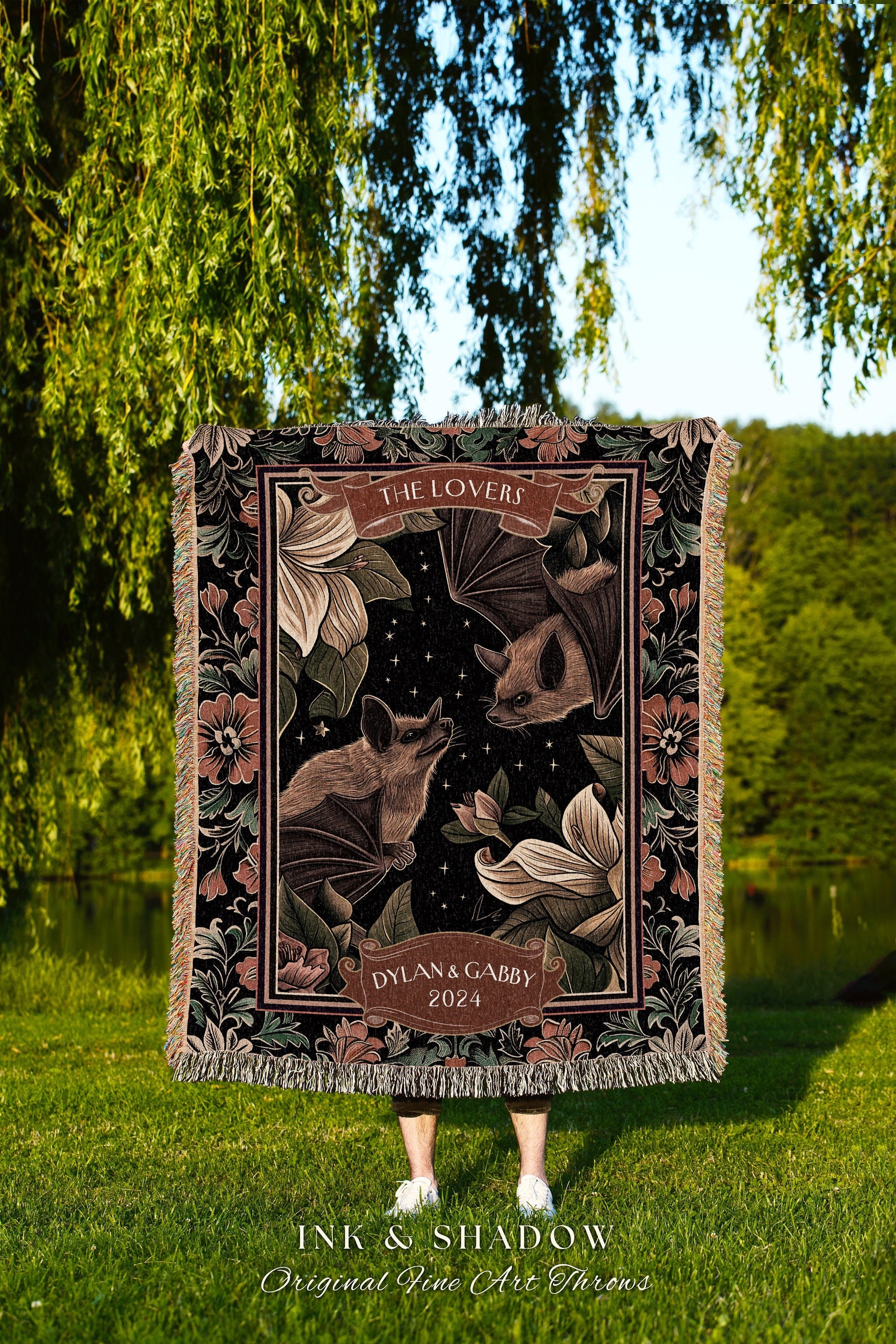 Folklore Aesthetic Bat Blanket Custom | Celestial Bat Couple Gothic Wedding Tapestry 'The Lovers' Blanket Gift for Goth Couples Dark Floral