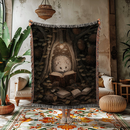 Hedge Hog Book Nook Blanket | Forestcore Dark Woodland Cottagecore Tapestry Woven Mystical Bookish Gift for Reader Cozy Throw Hedgehog Lover