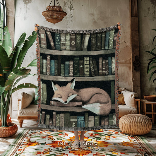 Bookshelf Fox Blanket Cozy | Bookish Aesthetic Woodland Cottagecore Throw Woven Mystical Book Nook Gift for Reader Boho Library Nursery Fox