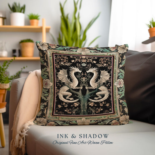 Floral Fairycore Fantasy Cottagecore Dragon Lovers Ornate Woodland Gothic Pillow | Enchanted Forest Art Medieval Baroque Tapestry Cushion