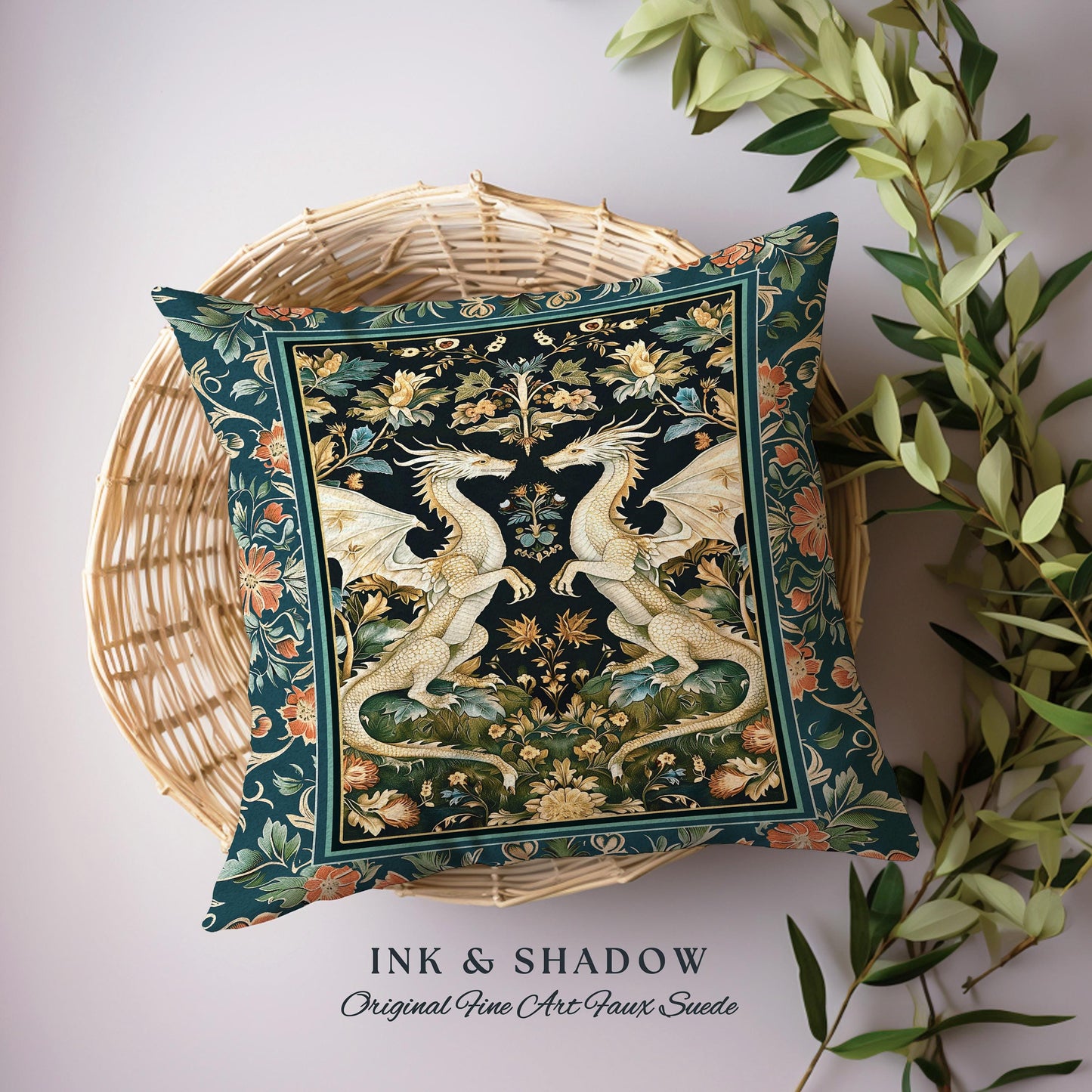 Antique Victorian Gothic Aesthetic Dragon Art Nouveau Pillow, Whimsigoth Bedroom Fantasy Medieval Folklore Mythical Forest Tapestry Cushion