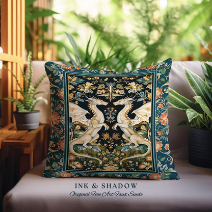 Antique Victorian Gothic Aesthetic Dragon Art Nouveau Pillow, Whimsigoth Bedroom Fantasy Medieval Folklore Mythical Forest Tapestry Cushion