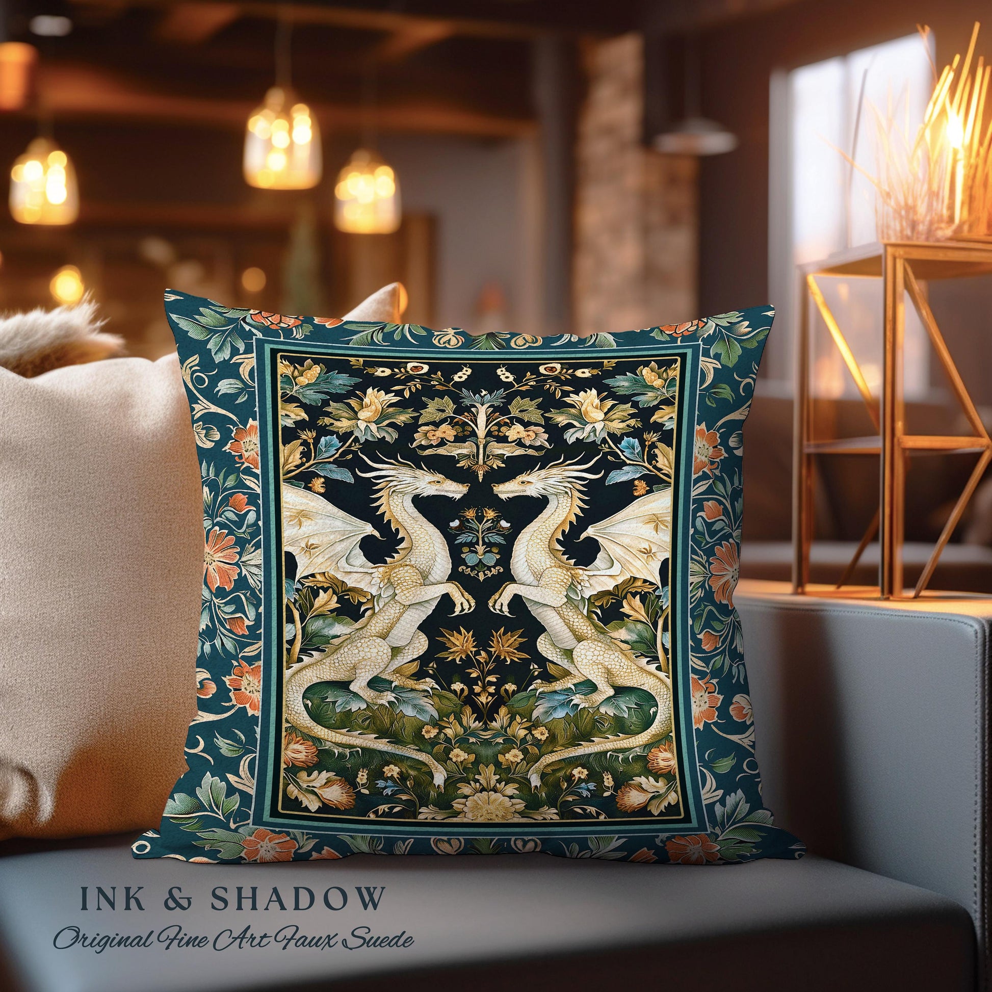 Antique Victorian Gothic Aesthetic Dragon Art Nouveau Pillow, Whimsigoth Bedroom Fantasy Medieval Folklore Mythical Forest Tapestry Cushion