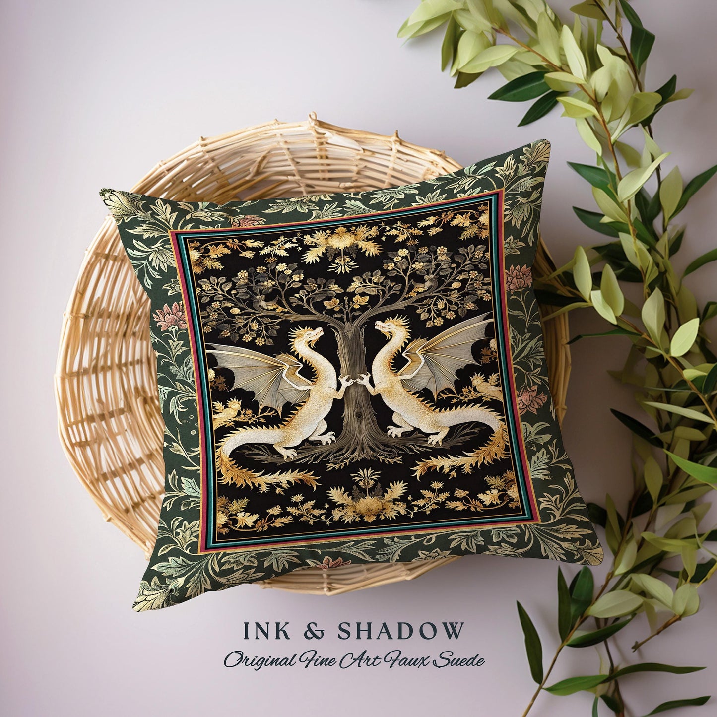 Mystical Forest Dragons Pillow Ornate Medieval Woodland Gothic Cottagecore Decor, Folklore Inspired Whimsigothic Botanical Tapestry Cushion