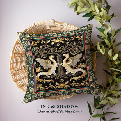 Mystical Forest Dragons Pillow Ornate Medieval Woodland Gothic Cottagecore Decor, Folklore Inspired Whimsigothic Botanical Tapestry Cushion