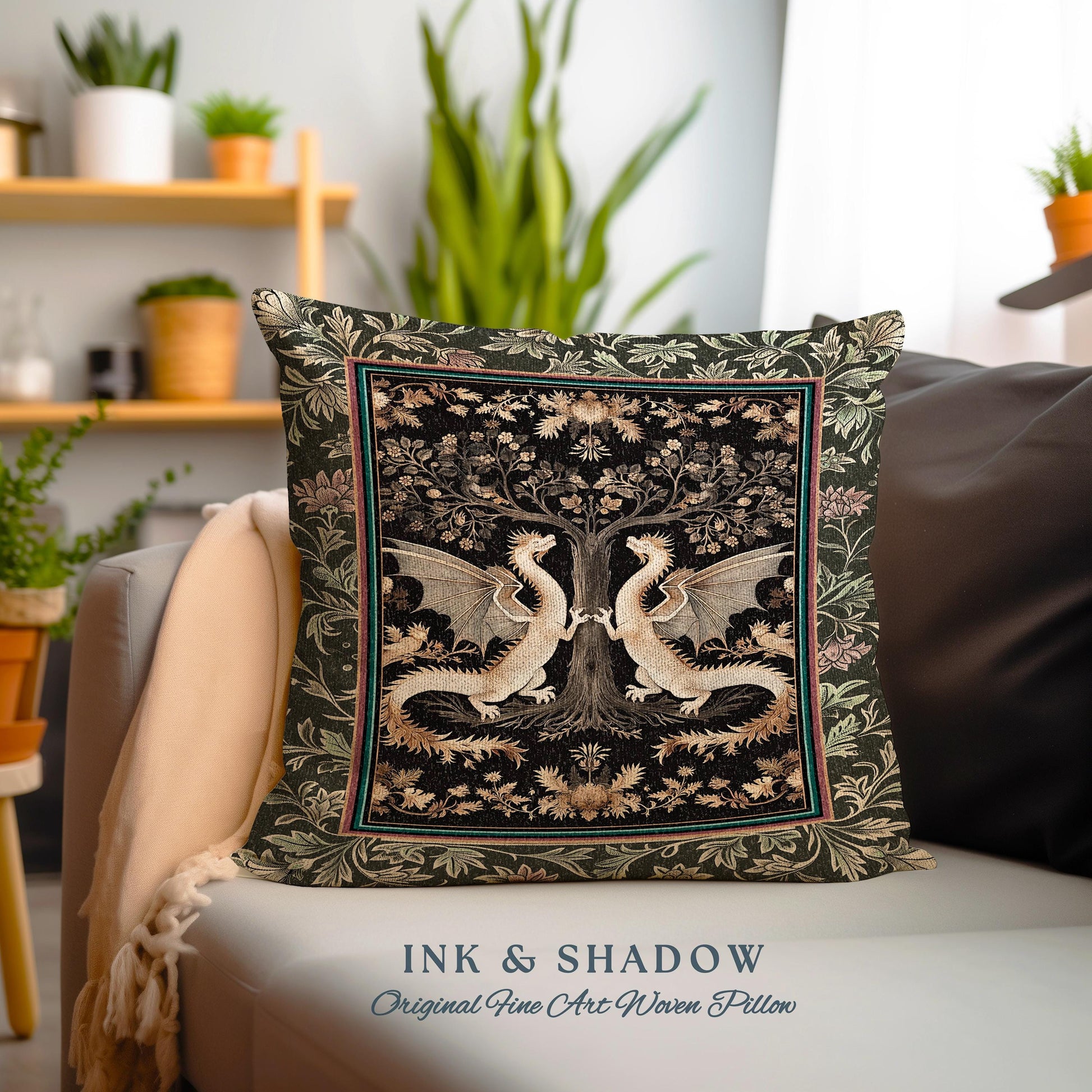 Mystical Forest Dragons Pillow Ornate Medieval Woodland Gothic Cottagecore Decor, Folklore Inspired Whimsigothic Botanical Tapestry Cushion