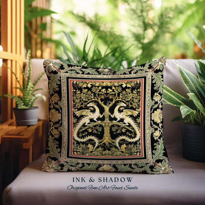 Mythical Dragon Light Academia Tree of Life Pillow Enchanted Woodland Cottagecore Botanical Grunge Fairycore Fantasy Forest Tapestry Cushion