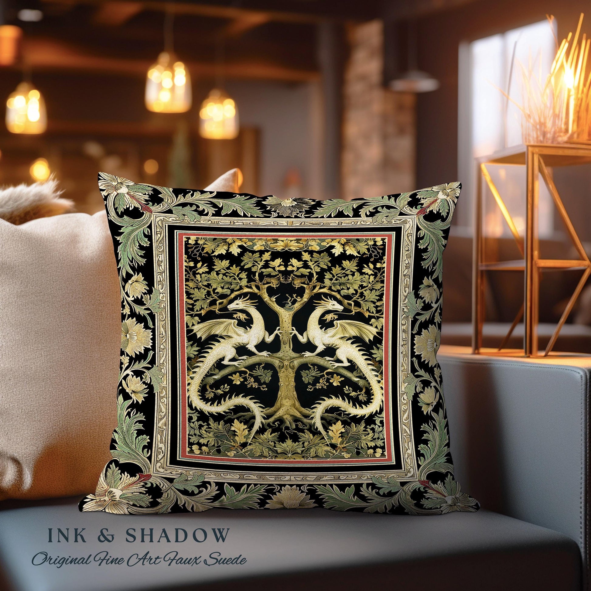 Mythical Dragon Light Academia Tree of Life Pillow Enchanted Woodland Cottagecore Botanical Grunge Fairycore Fantasy Forest Tapestry Cushion