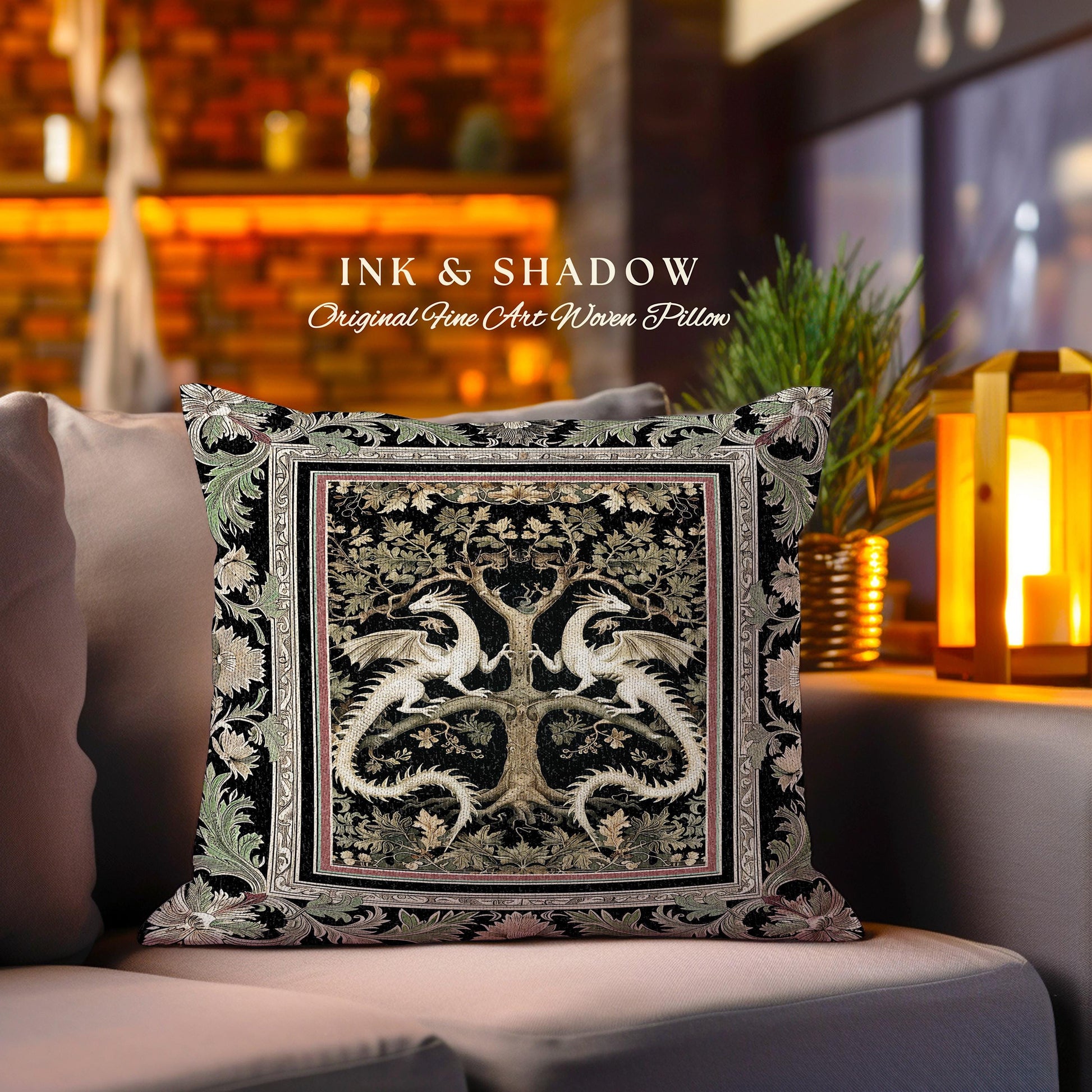 Mythical Dragon Light Academia Tree of Life Pillow Enchanted Woodland Cottagecore Botanical Grunge Fairycore Fantasy Forest Tapestry Cushion