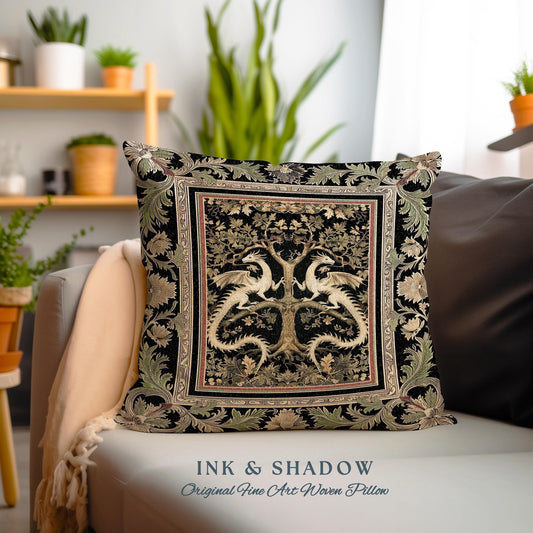 Mythical Dragon Light Academia Tree of Life Pillow Enchanted Woodland Cottagecore Botanical Grunge Fairycore Fantasy Forest Tapestry Cushion