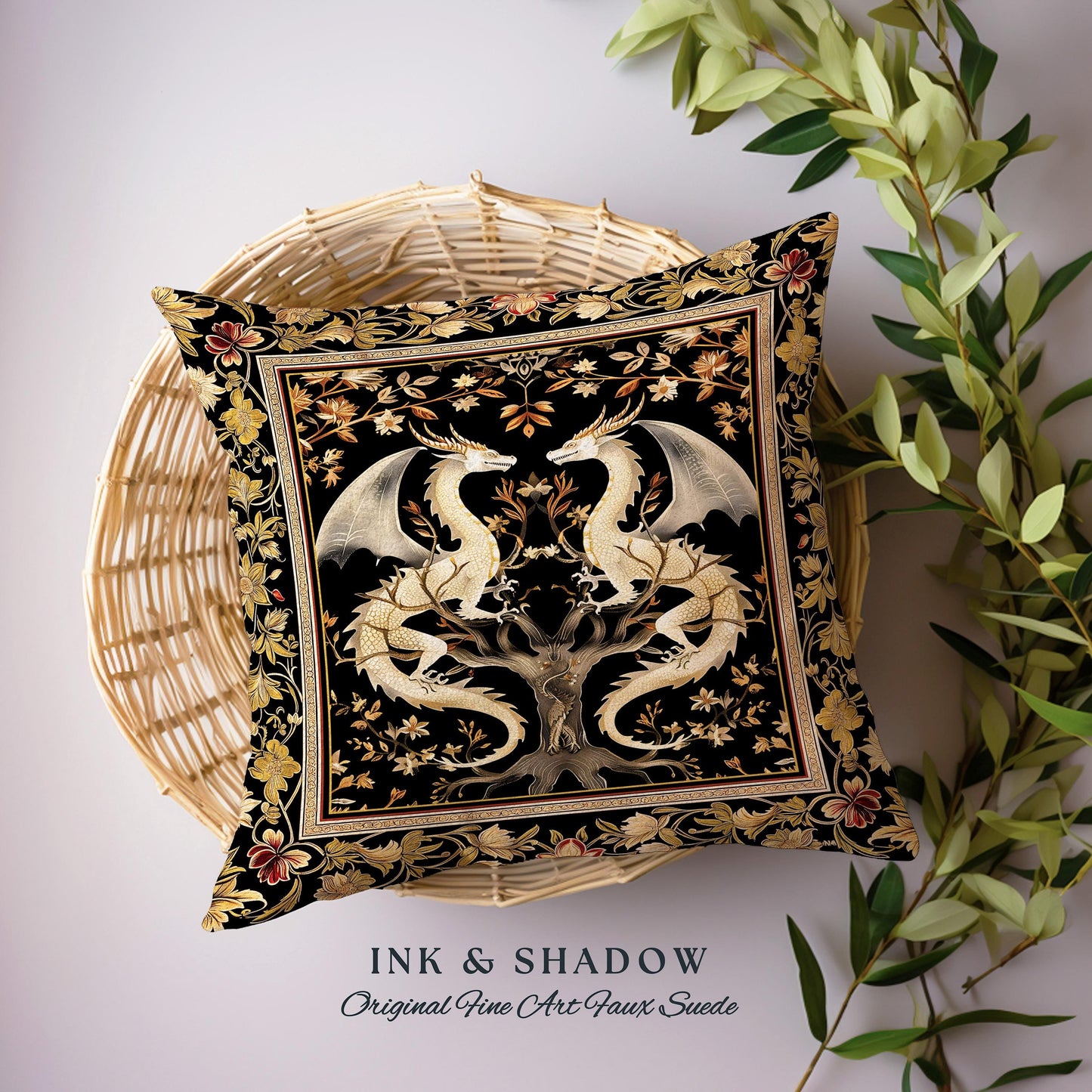 Ethereal Dragon Lover Pillow Magical Fantasy Gothic Decor | Enchanted Artful Gift Fairytale Dragon Art Deco Dark Academia Tapestry Cushion