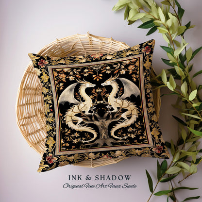 Ethereal Dragon Lover Pillow Magical Fantasy Gothic Decor | Enchanted Artful Gift Fairytale Dragon Art Deco Dark Academia Tapestry Cushion