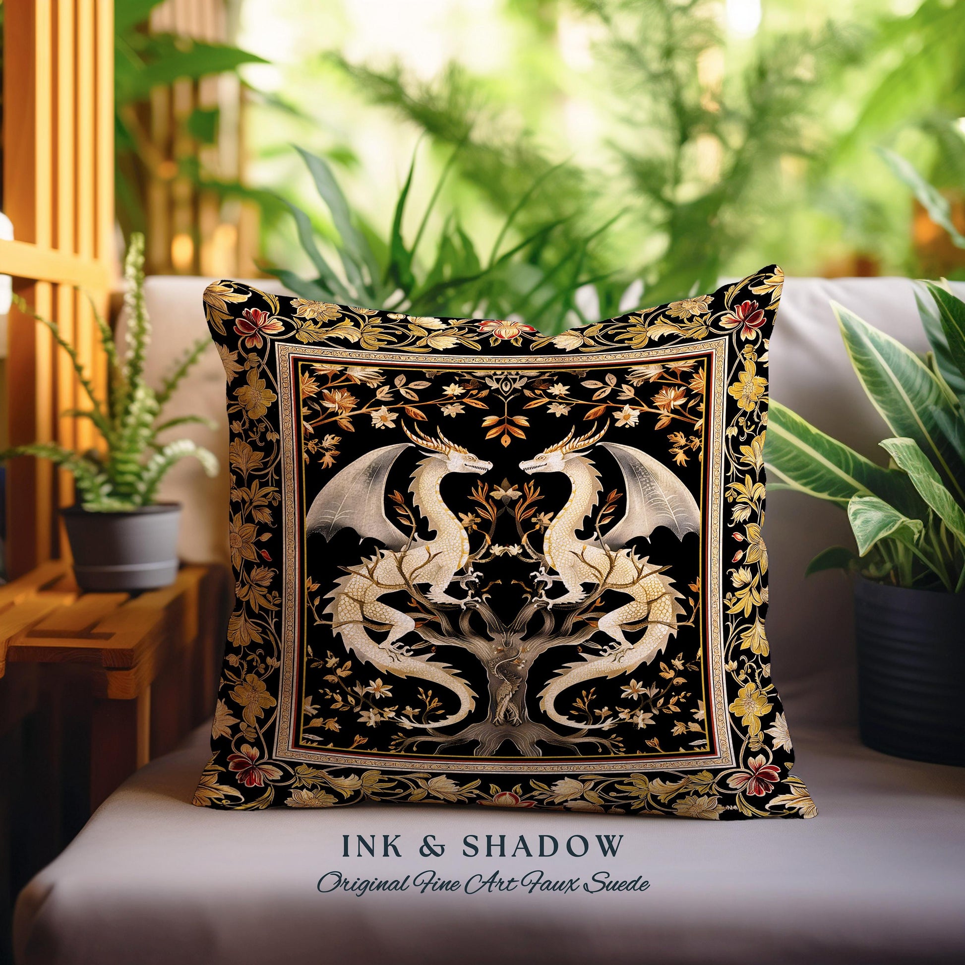 Ethereal Dragon Lover Pillow Magical Fantasy Gothic Decor | Enchanted Artful Gift Fairytale Dragon Art Deco Dark Academia Tapestry Cushion