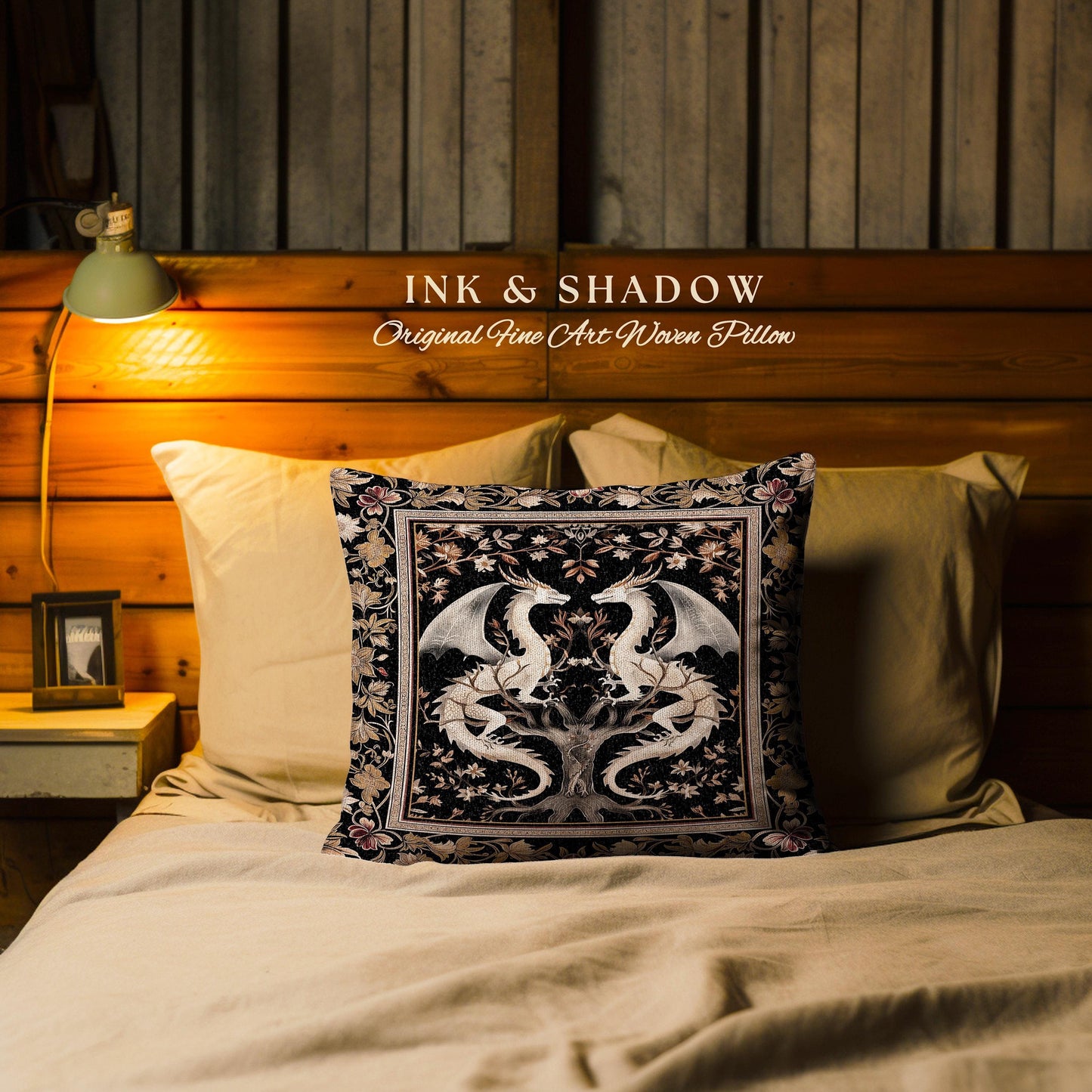 Ethereal Dragon Lover Pillow Magical Fantasy Gothic Decor | Enchanted Artful Gift Fairytale Dragon Art Deco Dark Academia Tapestry Cushion