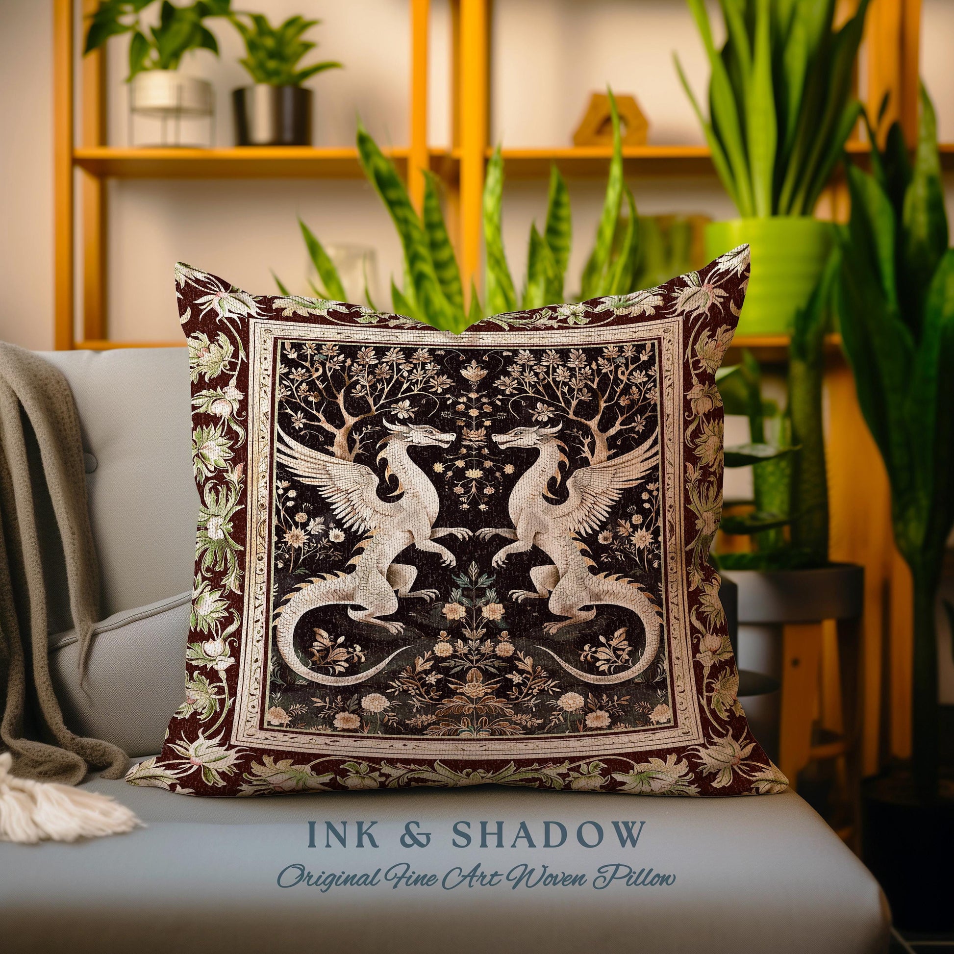 Dark Whimsy Dragon Lovers Pillow Fantasy Decor | Enchanted Aesthetic Fairycore Gifts Mythical Decorative Dragon Fairytale Tapestry Cushion