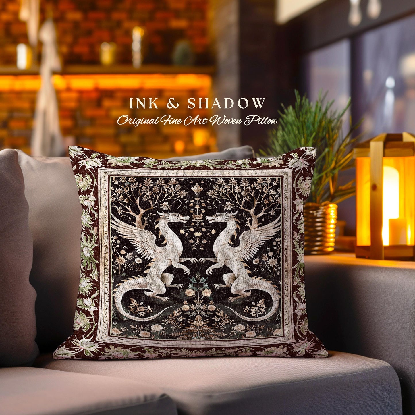 Dark Whimsy Dragon Lovers Pillow Fantasy Decor | Enchanted Aesthetic Fairycore Gifts Mythical Decorative Dragon Fairytale Tapestry Cushion