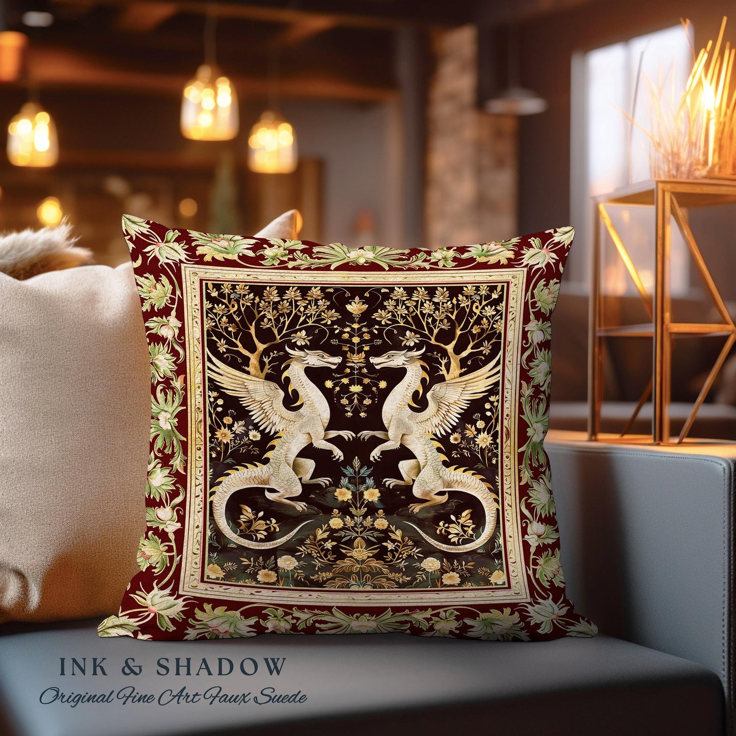 Dark Whimsy Dragon Lovers Pillow Fantasy Decor | Enchanted Aesthetic Fairycore Gifts Mythical Decorative Dragon Fairytale Tapestry Cushion