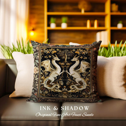 Fantasy Inspired Dragon Pillow Victorian Gothic Decor, Enchanted Medieval Light Academia Whimsigothic Art Fantasy Mystic Tapestry Cushion