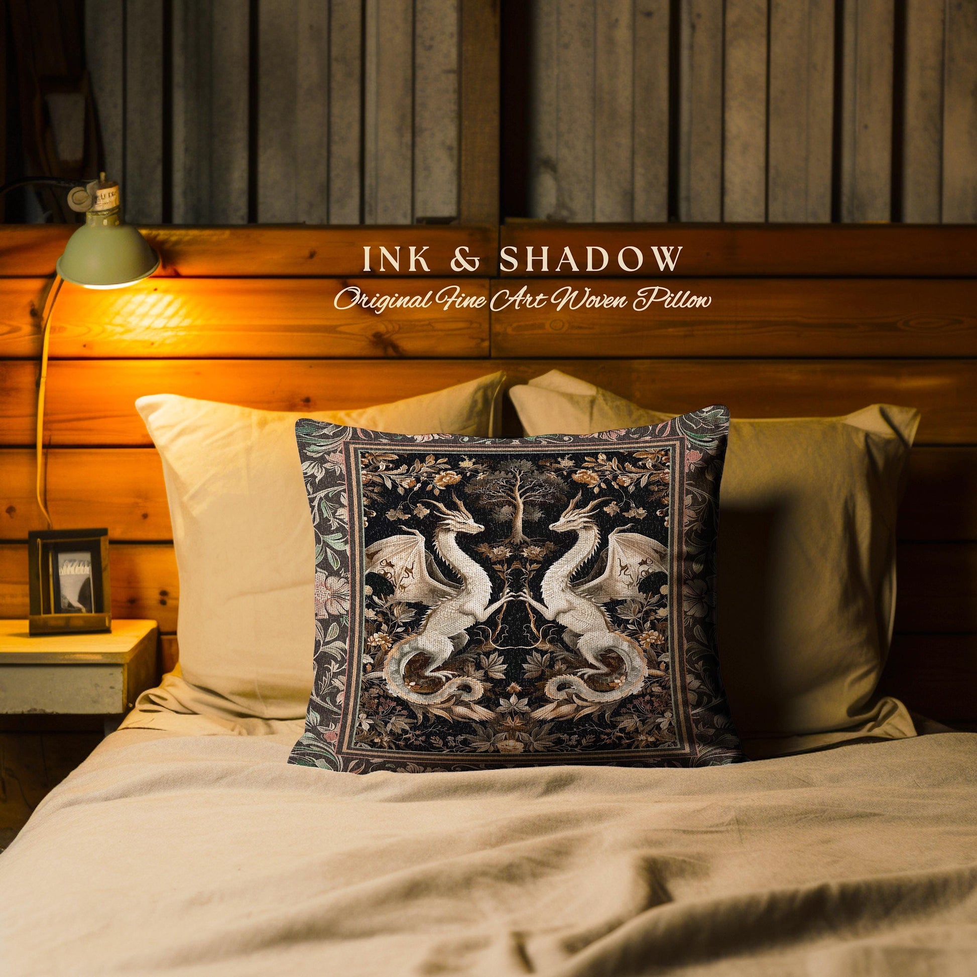 Fantasy Inspired Dragon Pillow Victorian Gothic Decor, Enchanted Medieval Light Academia Whimsigothic Art Fantasy Mystic Tapestry Cushion