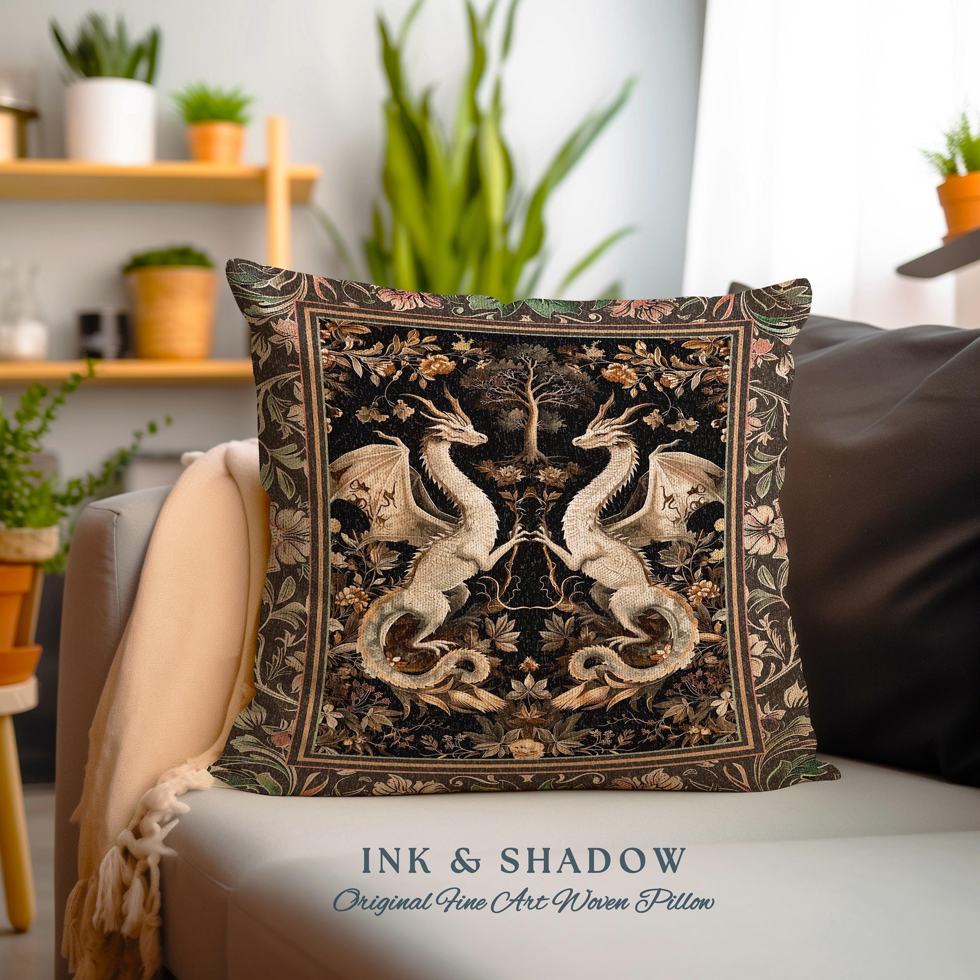 Fantasy Inspired Dragon Pillow Victorian Gothic Decor, Enchanted Medieval Light Academia Whimsigothic Art Fantasy Mystic Tapestry Cushion