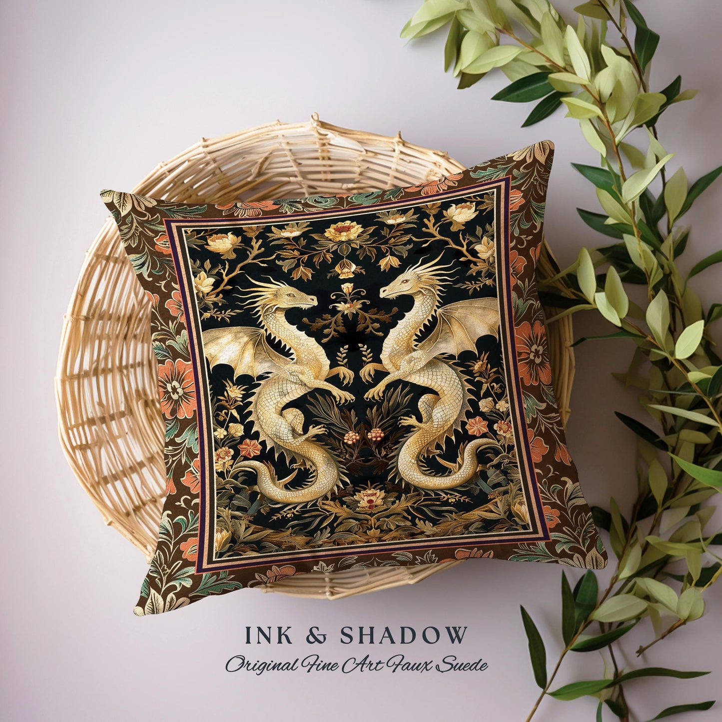 Fantasy Inspired Dragon Pillow Victorian Gothic Decor | Enchanted Medieval Dragon Lovers Light Academia Tapestry Cushion Whimsigothic Art