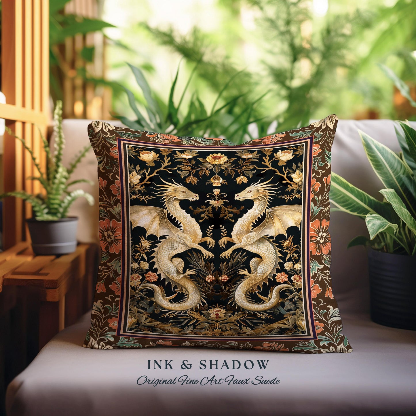 Fantasy Inspired Dragon Pillow Victorian Gothic Decor | Enchanted Medieval Dragon Lovers Light Academia Tapestry Cushion Whimsigothic Art