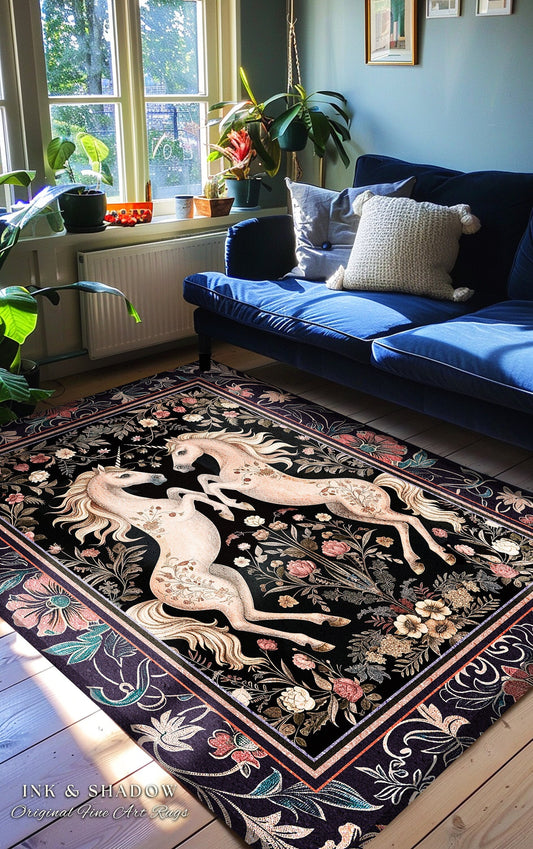 Vintage Aesthetic Unicorn Art Rug Whimsical Purple Decor Magic Cottagecore, Fairycore Magical Creature Dark Floral Enchanted Fairytale Decor