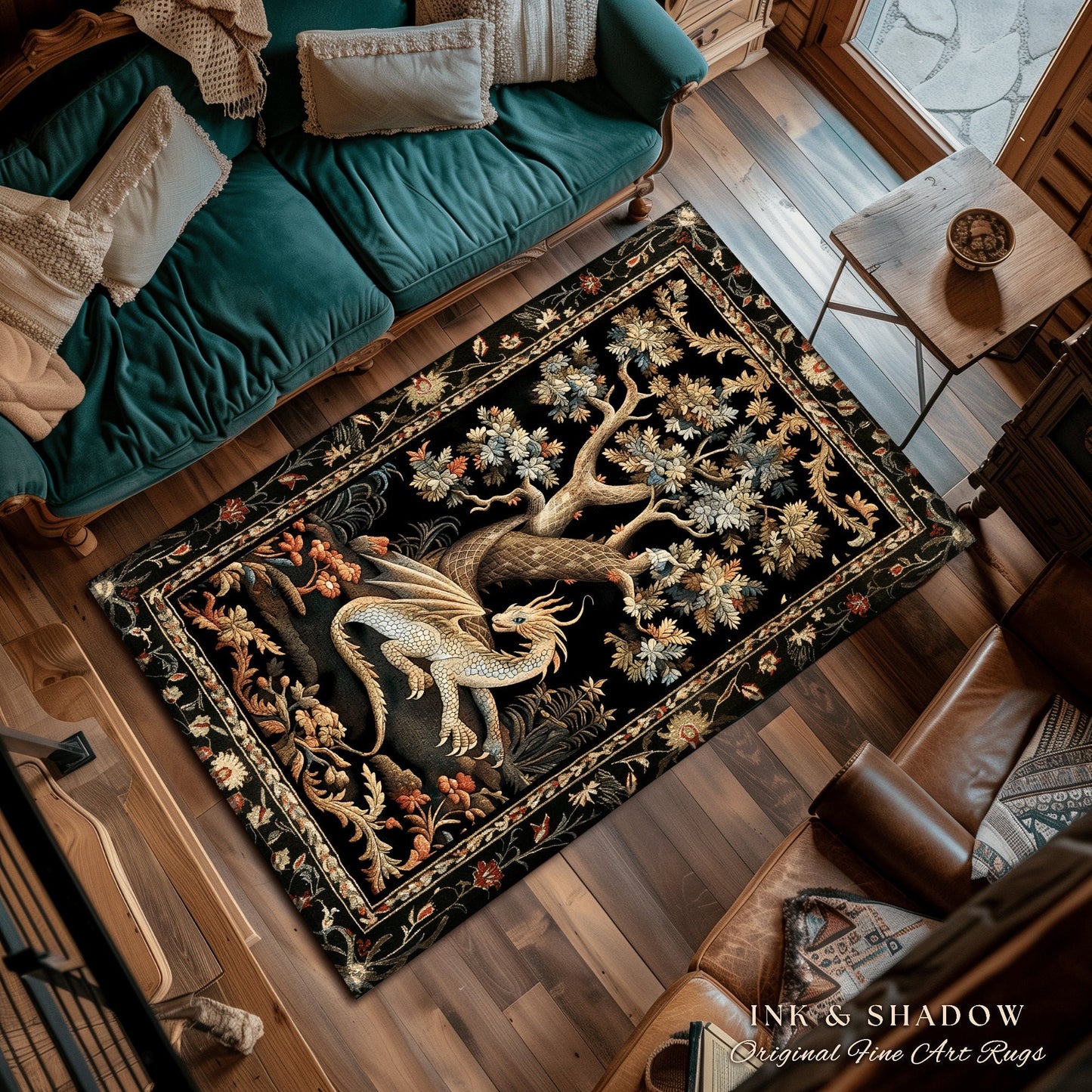 Ethereal Fairytale Inspired Mythical Creature Woodland Decor Mystic Cottagecore Fairycore Botanical Rug, Medieval Aesthetic Round Dragon Rug