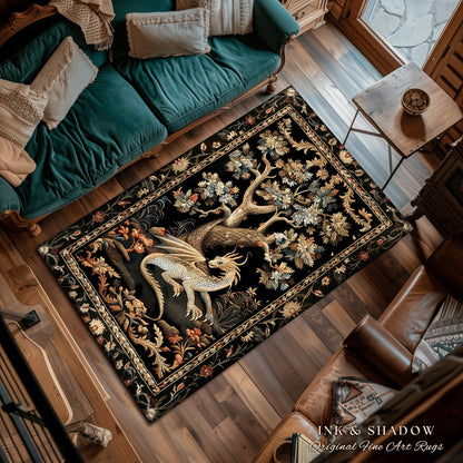 Ethereal Fairytale Inspired Mythical Creature Woodland Decor Mystic Cottagecore Fairycore Botanical Rug, Medieval Aesthetic Round Dragon Rug