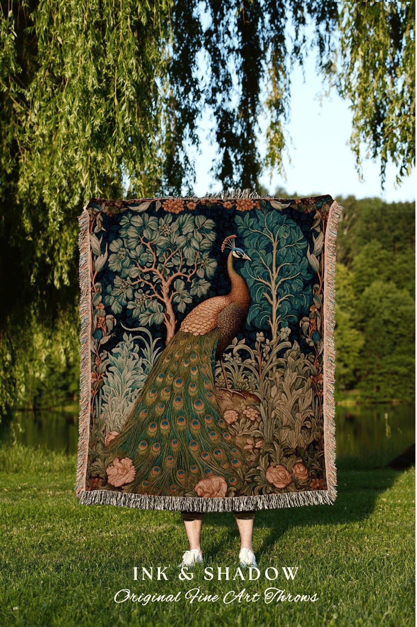 Folklore Peacock Woven Blanket | Woodland Folk Art Blanket Woven Tapestry William Morris Style Woodland Decor Dark Cottagecore Peacock Decor