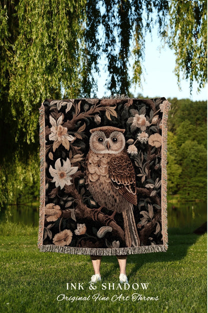 Floral Owl Tapestry Woven Blanket | Bedroom Art Blanket Witchy Decor Cottagecore Aesthetic Room Decor Magical Owl Tapestry Crowcore Bookish