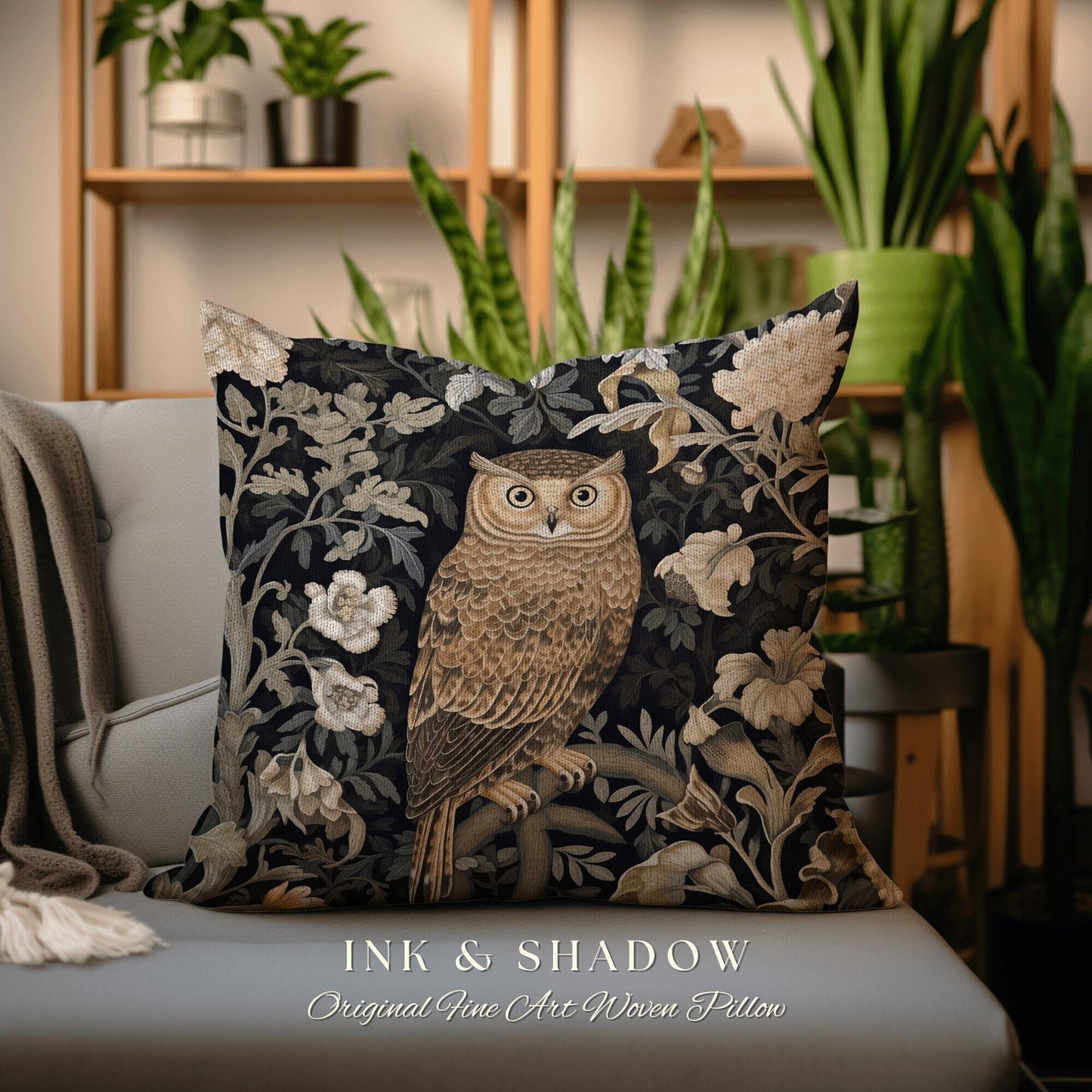 Navy Botanical Owl Pillow | Whimsical William Morris Inspired Throw Pillow Aesthetic Goth Woven Pillow Victorian Fairy Core Owl Decor Floral