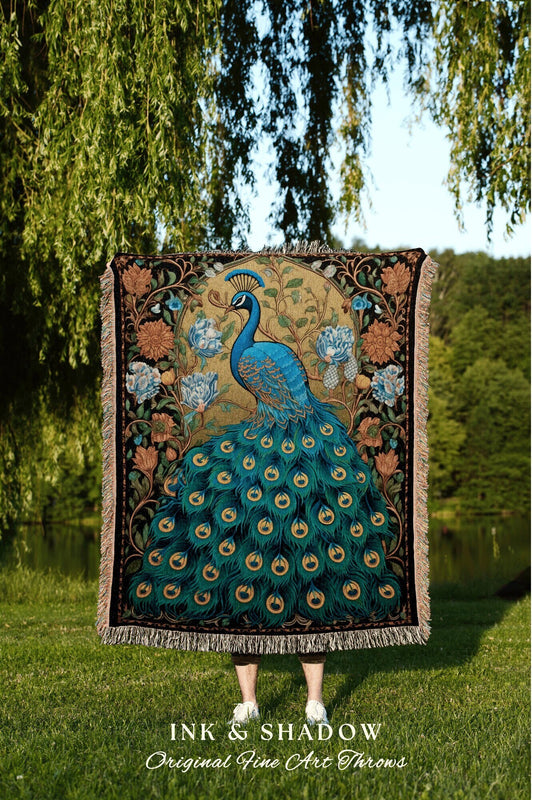 Whimsical Peacock Tapestry | Maximalist Floral Fairy Core Room Decor Woven Blanket William Morris Style Peacock Pastel Cottagecore Design