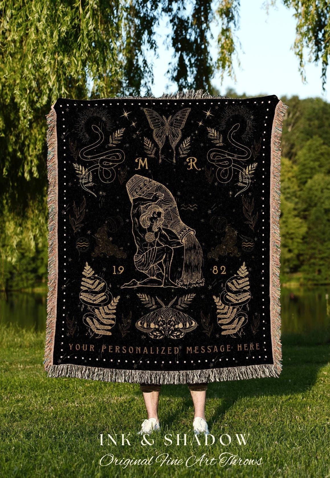 Witchy Tapestry Aquarius Blanket | Aquarius Tapestry Custom Star Sign Goth Woven Blanket Witch Art Decor Aquarius Astrology Personalized |