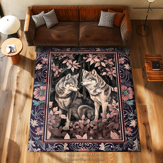 Mystic Wolf Woodland Gothic Rug Enchanted Forest Wolves Nature Art | Victorian Dark Cottagecore Vintage Botanical Aesthetic Whimsical Accent