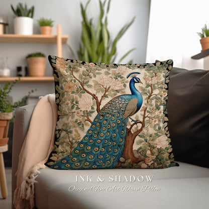 Whimsical Woodland Blue Peacock Pillow Cottagecore Floral Design, Baroque Woven Tapestry Cushion Victorian Inspired Nature Forestcore Accent