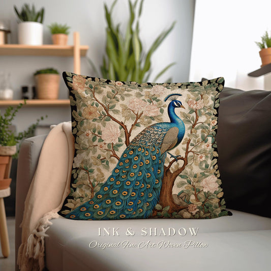 Whimsical Woodland Blue Peacock Pillow Cottagecore Floral Design, Baroque Woven Tapestry Cushion Victorian Inspired Nature Forestcore Accent