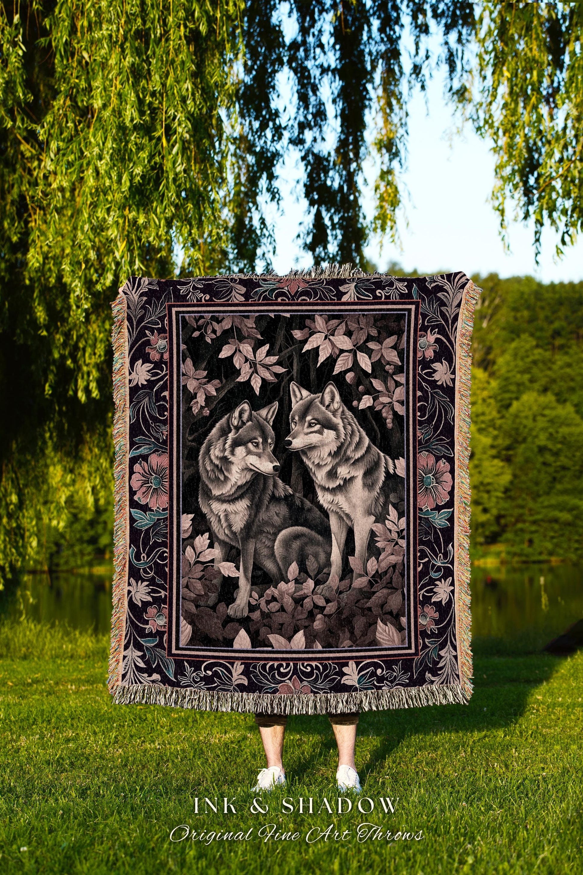 Mystic Wolf Woodland Gothic Blanket Enchanted Forest Wolves Nature Art Victorian Dark Cottagecore Vintage Botanical Whimsical Tapestry Throw