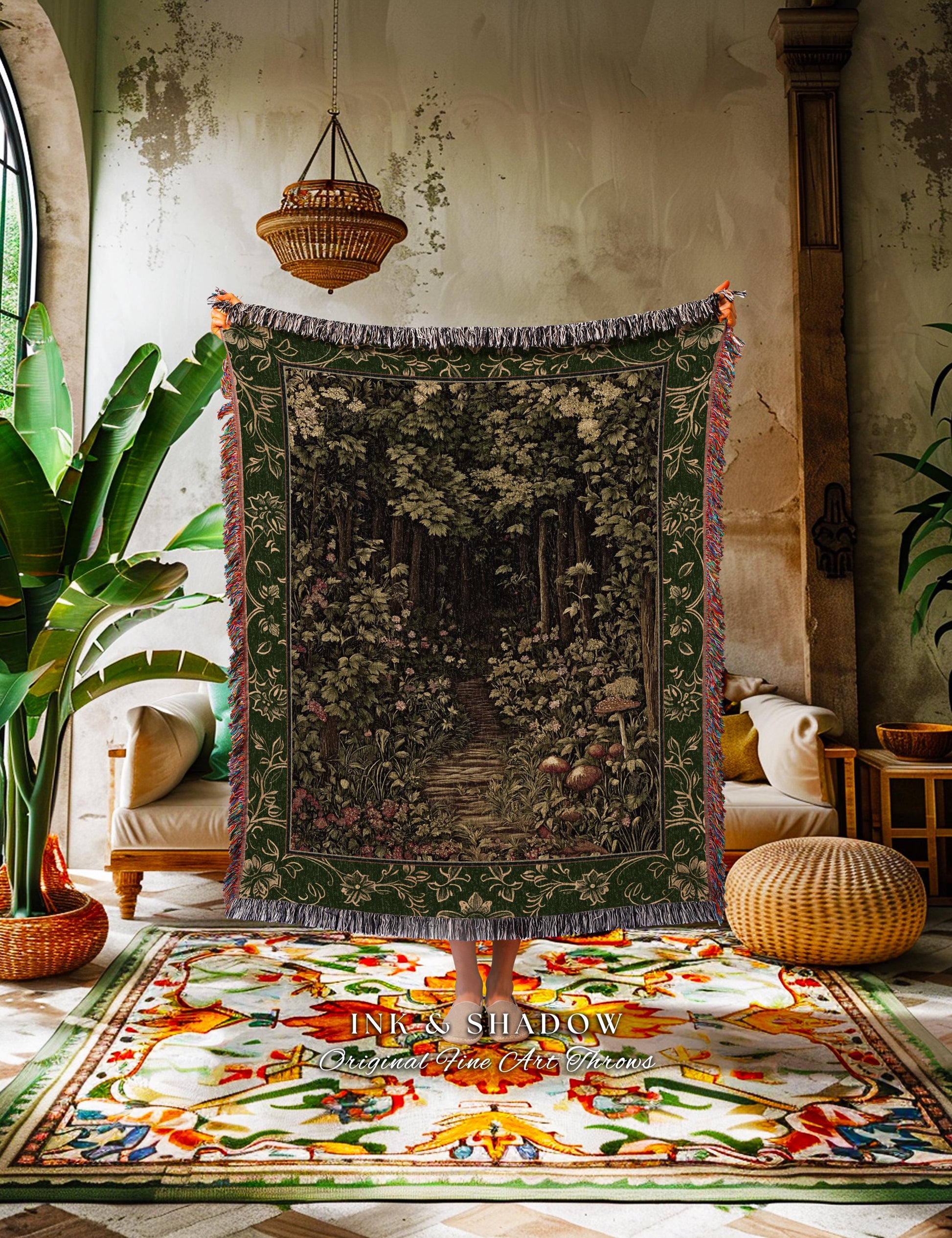 Fairytale Forest Botanical Throw Blanket | Mystic Aesthetic Woodland Home Magical Decor Plant Loving Bedroom Housewarming Gift Emerald Woods